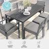 Martha Stewart Bedford 9 Piece Patio Set with 71″ Table and 8 Stackable Chairs with Gray Brushed Woodgrain Aluminum Finish, Gray All-Weather Seat Cushions