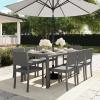 Martha Stewart Bedford 9-Piece Indoor-Outdoor Dining Set with 6 Stackable Chairs and 71″ Patio Table with Faux Wood Top and Rattan Wicker Finish in Gray