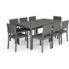 Martha Stewart Bedford 9-Piece Indoor-Outdoor Dining Set with 6 Stackable Chairs and 71″ Patio Table with Faux Wood Top and Rattan Wicker Finish in Gray
