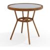 Martha Stewart Lily Pond 31” Round Indoor-Outdoor Bistro Dining Table with Aluminum Frame in Natural Woodgrain and Rattan Top in Black/White with Tempered Glass Top(Navy & White/Natural Frame)