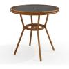Martha Stewart Lily Pond 31” Round Indoor-Outdoor Bistro Dining Table with Aluminum Frame in Natural Woodgrain and Rattan Top in Black/White with Tempered Glass Top(Black & White/Natural Frame)
