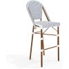 Martha Stewart Lily Pond Indoor-Outdoor Stackable Bar Stools with Gray Woodgrain Aluminum Frame Finish, White/Gray Woven Rattan Backrests and Seats, Set of 2(Navy & White/Natural Frame)