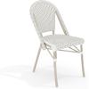 Martha Stewart Lily Pond Indoor-Outdoor Stackable Bistro Chairs with Natural Woodgrain Aluminum Frame Finish, Black/White Woven Rattan Backrests/Seats, Set of 2(Gray & White/Gray Frame)