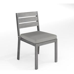Martha Stewart Bedford Indoor-Outdoor Stackable Aluminum Patio Chairs with Brushed Woodgrain Finish in Gray and Gray All-Weather Cushions, Set of 2(Grey)