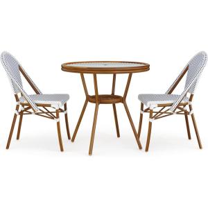 Martha Stewart Lily Pond 3 Piece Indoor-Outdoor Black and White Woven Rattan Bistro Set with Natural Woodgrain Aluminum Frames and Tempered Glass Tabletop(Navy & White/Natural Frame)