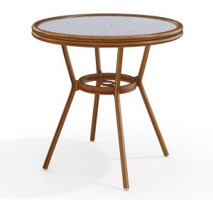 Martha Stewart Lily Pond 31” Round Indoor-Outdoor Bistro Dining Table with Aluminum Frame in Natural Woodgrain and Rattan Top in Black/White with Tempered Glass Top(Navy & White/Natural Frame)