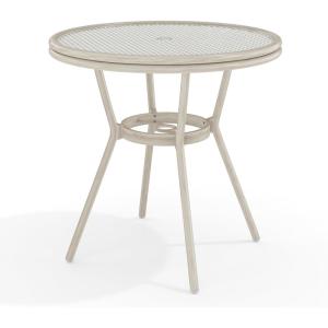 Martha Stewart Lily Pond 31” Round Indoor-Outdoor Bistro Dining Table with Aluminum Frame in Natural Woodgrain and Rattan Top in Black/White with Tempered Glass Top(Gray & White/Gray Frame)