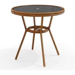 Martha Stewart Lily Pond 31” Round Indoor-Outdoor Bistro Dining Table with Aluminum Frame in Natural Woodgrain and Rattan Top in Black/White with Tempered Glass Top(Black & White/Natural Frame)