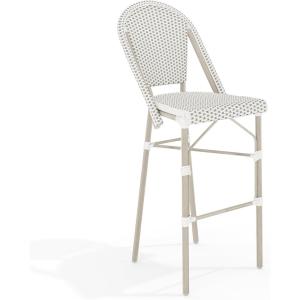Martha Stewart Lily Pond Indoor-Outdoor Stackable Bar Stools with Gray Woodgrain Aluminum Frame Finish, White/Gray Woven Rattan Backrests and Seats, Set of 2(Gray & White/Gray Frame)