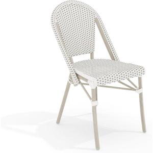 Martha Stewart Lily Pond Indoor-Outdoor Stackable Bistro Chairs with Natural Woodgrain Aluminum Frame Finish, Black/White Woven Rattan Backrests/Seats, Set of 2(Gray & White/Gray Frame)