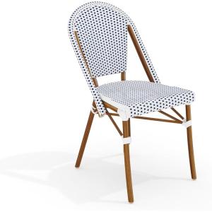 Martha Stewart Lily Pond Indoor-Outdoor Stackable Bistro Chairs with Natural Woodgrain Aluminum Frame Finish, Black/White Woven Rattan Backrests/Seats, Set of 2(Navy & White/Natural Frame)