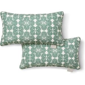Martha Stewart Tulum Indoor Outdoor Decorative Lumbar Pillow 2-Pack Set, UV Fade Resistant, Water Repellent, Printed Modern Design, Taupe, 11″x18″(Green)