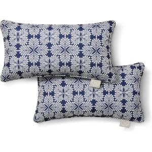 Martha Stewart Tulum Indoor Outdoor Decorative Lumbar Pillow 2-Pack Set, UV Fade Resistant, Water Repellent, Printed Modern Design, Taupe, 11″x18″(Navy Blue)