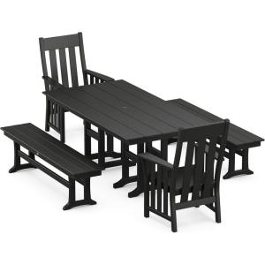 Martha Stewart by POLYWOOD® Acadia 5-Piece Farmhouse Dining Set with Benches in Teak(Black)