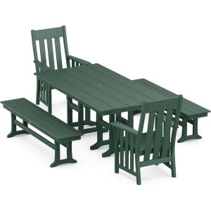 Martha Stewart by POLYWOOD® Acadia 5-Piece Farmhouse Dining Set with Benches in Teak(Green)