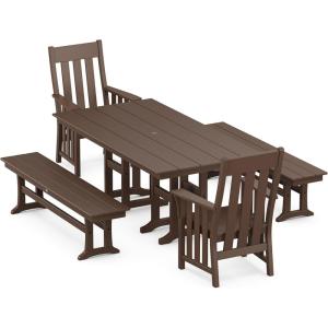 Martha Stewart by POLYWOOD® Acadia 5-Piece Farmhouse Dining Set with Benches in Teak(Mahogany)