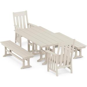 Martha Stewart by POLYWOOD® Acadia 5-Piece Farmhouse Dining Set with Benches in Teak(Sand)