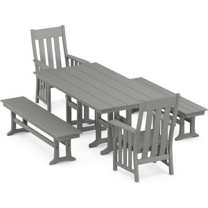 Martha Stewart by POLYWOOD® Acadia 5-Piece Farmhouse Dining Set with Benches in Teak(Slate Grey)