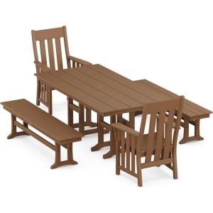 Martha Stewart by POLYWOOD® Acadia 5-Piece Farmhouse Dining Set with Benches in Teak(Teak)
