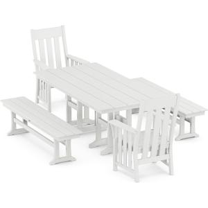 Martha Stewart by POLYWOOD® Acadia 5-Piece Farmhouse Dining Set with Benches in Teak(White)