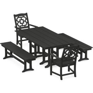 Martha Stewart by POLYWOOD® Chinoiserie 5-Piece Farmhouse Dining Set with Benches in Green(Black)