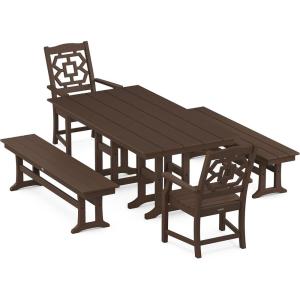 Martha Stewart by POLYWOOD® Chinoiserie 5-Piece Farmhouse Dining Set with Benches in Green(Mahogany)