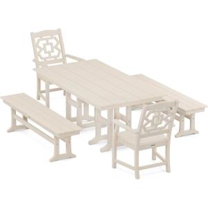 Martha Stewart by POLYWOOD® Chinoiserie 5-Piece Farmhouse Dining Set with Benches in Green(Sand)