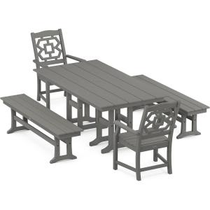 Martha Stewart by POLYWOOD® Chinoiserie 5-Piece Farmhouse Dining Set with Benches in Green(Slate Grey)