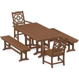 Martha Stewart by POLYWOOD® Chinoiserie 5-Piece Farmhouse Dining Set with Benches in Green(Teak)