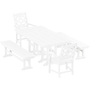 Martha Stewart by POLYWOOD® Chinoiserie 5-Piece Farmhouse Dining Set with Benches in Green(White)