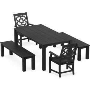 Martha Stewart by POLYWOOD® Chinoiserie 5-Piece Parsons Dining Set with Benches (Exclusive) in Mahogany(Black)