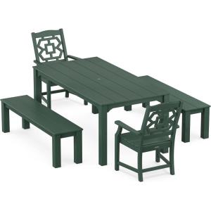 Martha Stewart by POLYWOOD® Chinoiserie 5-Piece Parsons Dining Set with Benches (Exclusive) in Mahogany(Green)