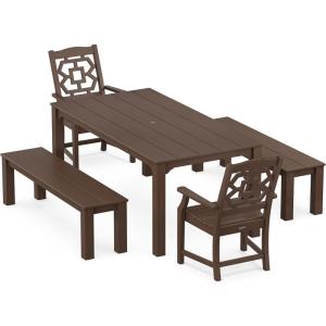 Martha Stewart by POLYWOOD® Chinoiserie 5-Piece Parsons Dining Set with Benches (Exclusive) in Mahogany(Mahogany)