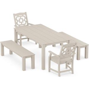Martha Stewart by POLYWOOD® Chinoiserie 5-Piece Parsons Dining Set with Benches (Exclusive) in Mahogany(Sand)