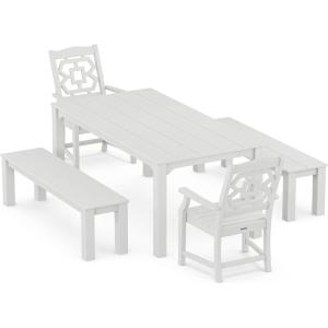 Martha Stewart by POLYWOOD® Chinoiserie 5-Piece Parsons Dining Set with Benches (Exclusive) in Mahogany(White)