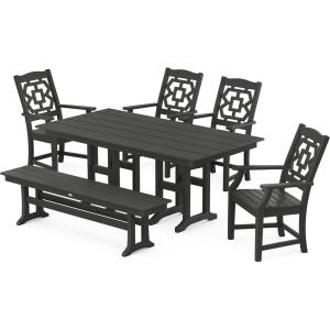 Martha Stewart by POLYWOOD® Chinoiserie 6-Piece Farmhouse Dining Set with Bench in Green(Black)