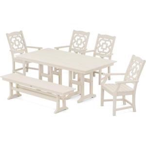 Martha Stewart by POLYWOOD® Chinoiserie 6-Piece Farmhouse Dining Set with Bench in Green(Sand)