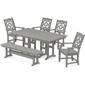 Martha Stewart by POLYWOOD® Chinoiserie 6-Piece Farmhouse Dining Set with Bench in Green(Slate Grey)