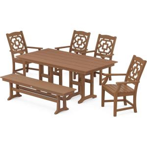 Martha Stewart by POLYWOOD® Chinoiserie 6-Piece Farmhouse Dining Set with Bench in Green(Teak)