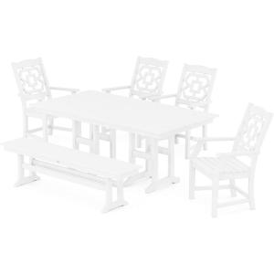 Martha Stewart by POLYWOOD® Chinoiserie 6-Piece Farmhouse Dining Set with Bench in Green(White)