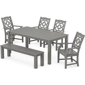 Martha Stewart by POLYWOOD® Chinoiserie 6-Piece Parsons Dining Set with Bench (Exclusive) in Teak(Slate Grey)
