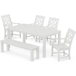 Martha Stewart by POLYWOOD® Chinoiserie 6-Piece Parsons Dining Set with Bench (Exclusive) in Teak(White)