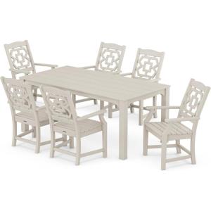 Martha Stewart by POLYWOOD® Chinoiserie Arm Chair 7-Piece Parsons Dining Set (Exclusive) in Teak(Sand)