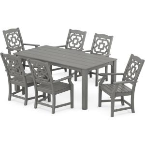 Martha Stewart by POLYWOOD® Chinoiserie Arm Chair 7-Piece Parsons Dining Set (Exclusive) in Teak(Slate Grey)