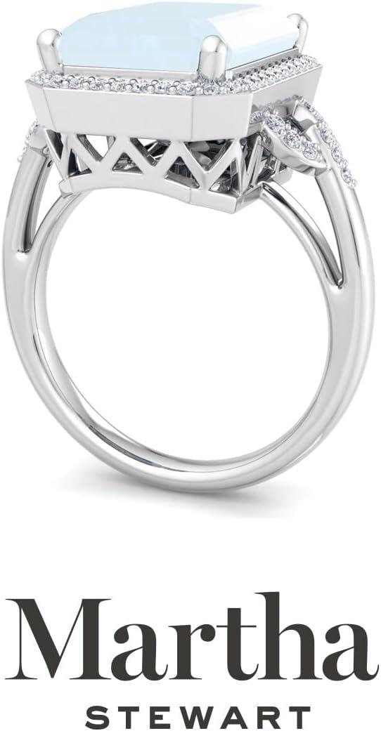 image:imageMartha Stewart 7 13 Carat Emerald Cut Gemstone Halo Ring with Lab Grown Diamonds in Sterling Silver Choose Your GemstoneAquamarine