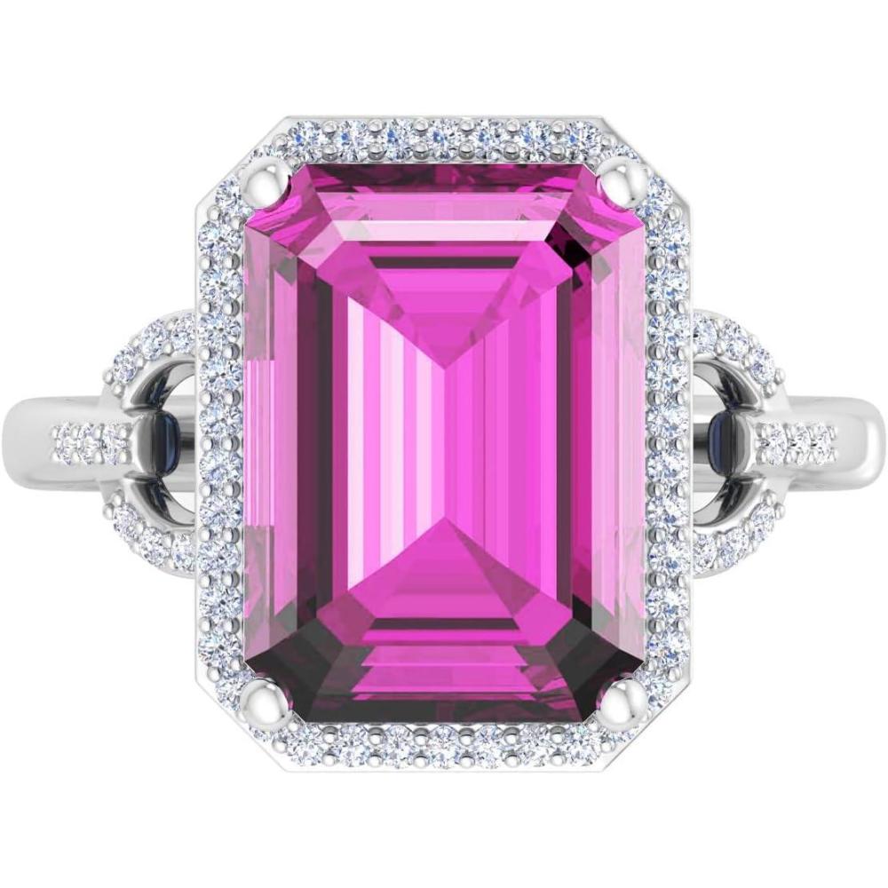 image:imageMartha Stewart 7 13 Carat Emerald Cut Gemstone Halo Ring with Lab Grown Diamonds in Sterling Silver Choose Your GemstonePink Sapphire