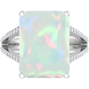 Martha Stewart 10 1/4 Carat Emerald Cut Gemstone Ring with Lab Grown Diamonds in Sterling Silver, Choose Your Gemstone(Opal)