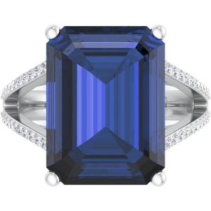 Martha Stewart 10 1/4 Carat Emerald Cut Gemstone Ring with Lab Grown Diamonds in Sterling Silver, Choose Your Gemstone(Sapphire)
