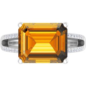 Martha Stewart 5 1/2 Carat Emerald Cut Gemstone Ring with Lab Grown Diamonds in Sterling Silver, Choose Your Gemstone(Citrine)