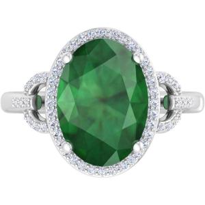 Martha Stewart 6 3/4 Carat Oval Shape Gemstone Halo Ring with Lab Grown Diamonds in Sterling Silver, Choose Your Gemstone(Emerald)
